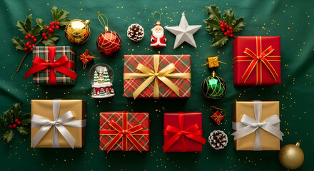 A festive christmas arrangement with gifts ornaments and decorations on green fabric