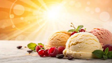 Delicious summer ice cream scoops with fresh berries and mint leaves dessert