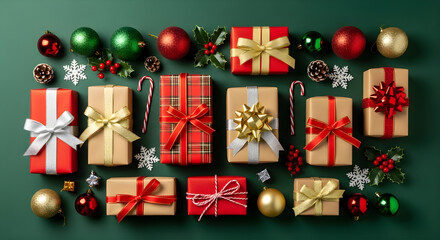 Overhead view of christmas presents and ornaments on a dark green surface arranged neatly