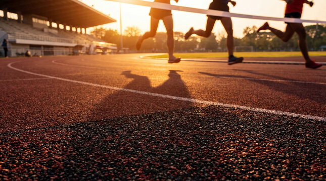 Silhouetted runners crossing the finish line at sunset, great for athletic event promotions or inspirational fitness imagery.