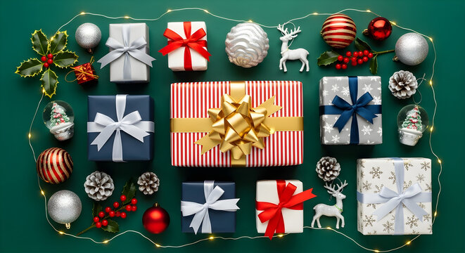 Festive christmas gifts and ornaments arranged on a green background with string lights