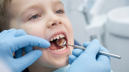 Close‑up of child receiving a dental checkup with mouth mirror in a modern dental clinic.