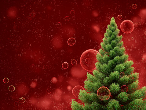 Realistic green Christmas tree spinning with red bubbles on a sparkling background, 3D graphic Christmas tree with red ornaments spinning on festive backdrop. - Powered by Adobe