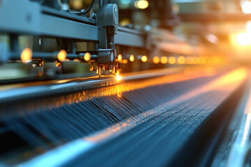 Light shines on machinery in a textile factory during production