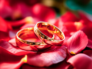 Gold wedding rings on rose petals
