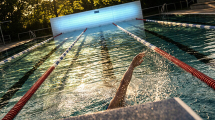 A swimmer navigates through a bright outdoor pool, sunlight sparkling on the water surface. Perfect for summer activity guides or fitness blogs.