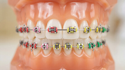 Realistic dental model with colorful metal braces showing teeth alignment and orthodontic treatment, detailed close up.