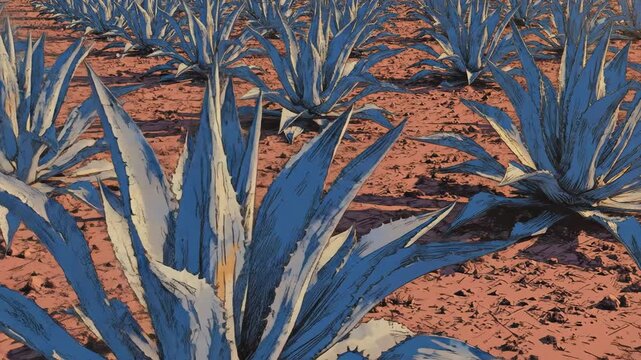 Field of spiky blue agave plants stand starkly on arid orange soil in a stylized, graphic, almost cartoonish fashion