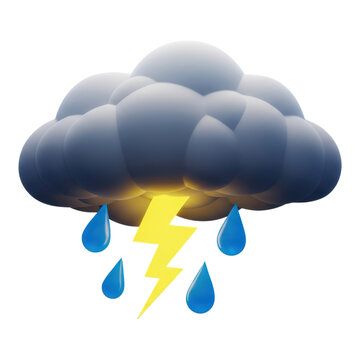 3d icon of a dark storm cloud with rain and lightning isolated on transparent background