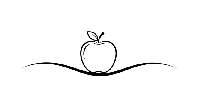Vector illustration of simple line art drawing of an apple with a leaf on a decorative wavy line