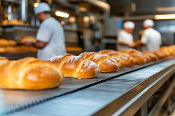 Freshly baked bread rolls on conveyor in busy bakery