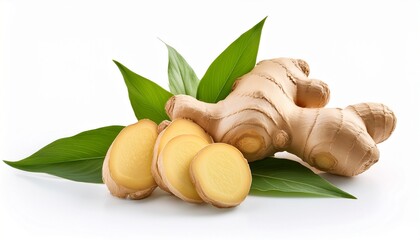 fresh ginger root with slices on white background