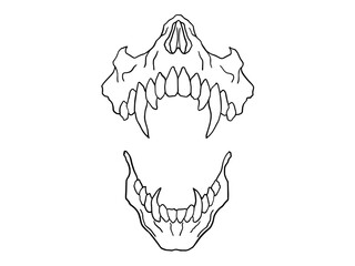 Saber-Tooth Skull Jaw Line Art. Bold line art of a skull jaw with saber fangs, ideal for coloring pages, tattoo flash, Halloween art, horror illustrations, and anatomical study templates. 