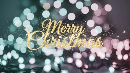 Merry Christmas lettering animation sparkling with bokeh lights. Festive holiday greeting in gold text on teal and pink glowing background for winter celebration cards and digital media. - Powered by Adobe