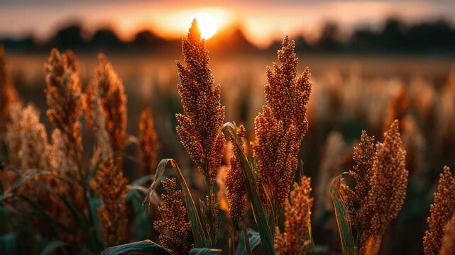 Close-up view of ripe sorghum grain clusters, highlighting the rich abundance of the harvest season against a softly blurred background, capturing the essence of rural agriculture