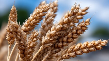 Naklejka premium Wheat plants sway gently in the breeze beneath a blue sky with soft, white clouds, creating a serene countryside scene
