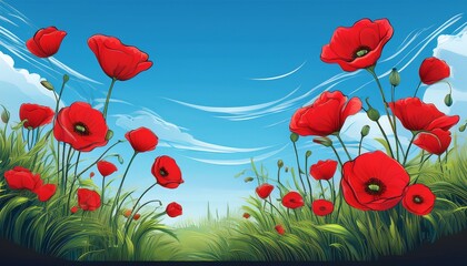 Obraz premium vibrant red poppies sway gently against clear blue sky symboliz