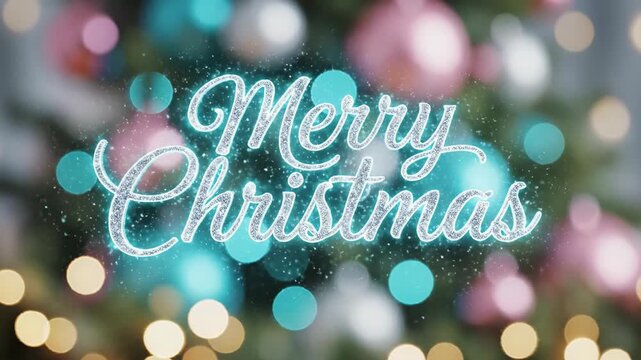 Animated merry Christmas lettering sparkling with bokeh lights. Festive holiday text design transitioning in pink and blue glows for winter greetings.
