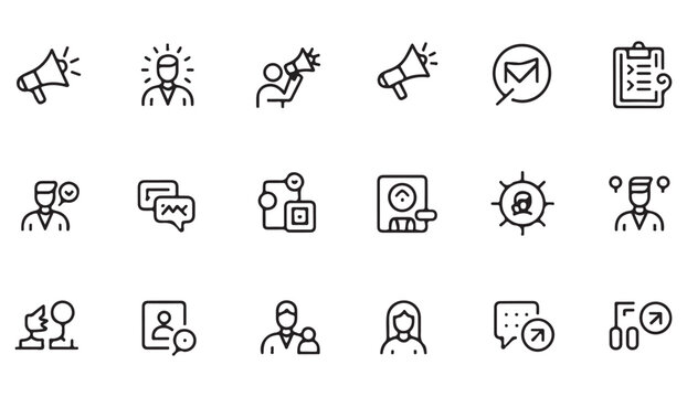 Vector icon set of speech bubbles, megaphones, user profiles and digital communication symbols