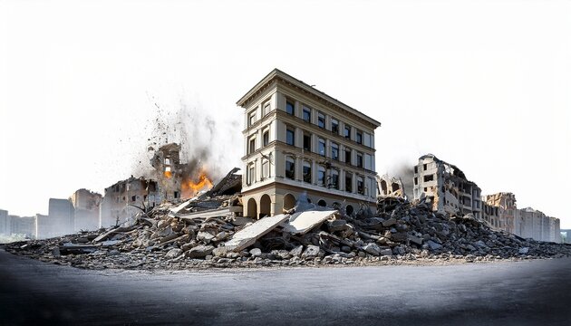 urban destruction with white background revealing devastation