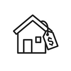 Fine line house with price tag icon symbolizing real estate sale, ideal for property listings, home offer visuals and realtor marketing graphics