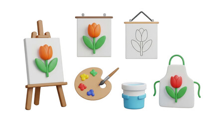 Collection of japanese cultural icons including a geisha doll fan and cherry blossom branch isolated on transparent background