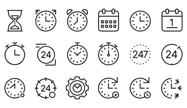 Set of monochrome icons illustrating planning, time tracking, and professional deadline reminders