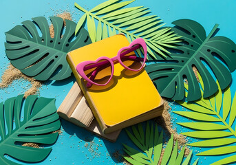 A sunny, summery scene: a vibrant yellow book adorned with heart-shaped sunglasses, surrounded by fresh green foliage, inviting the viewer to relax and enjoy a good read