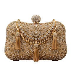 Ornate golden clutch handbag with tassels isolated on transparent background