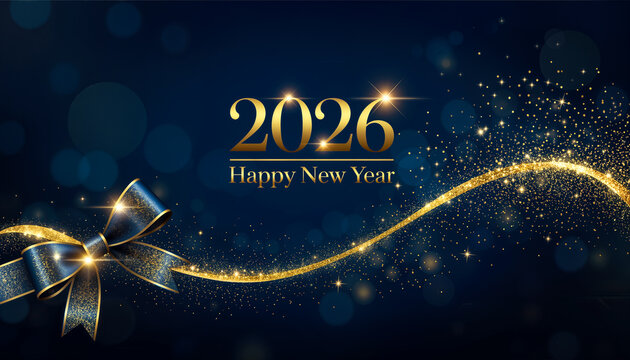 Neujahr 2026 Frohes Neues Jahr goldene Festgrafik mit Schleife und Glitzer auf dunklem Hintergrund