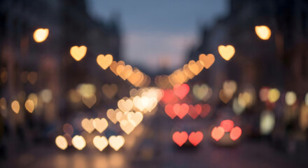 "Abstract Night Cityscape Featuring Warm, Heart-Shaped Bokeh Lights from Streetlamps and Traffic Moving Through the City in a Soft, Romantic Blur"