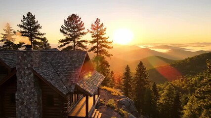 Log cabin perched on forested mountain slope during golden hour. Rustic retreat with pine trees and misty peaks at sunset. Serene cabincore escape in natural wilderness landscape. - Powered by Adobe