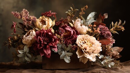 A rich and dramatic still life arrangement of opulent flowers in deep jewel tones and soft pastels