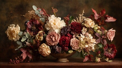 A luxurious arrangement of autumnal flowers in a vintage urn displaying rich hues and textures