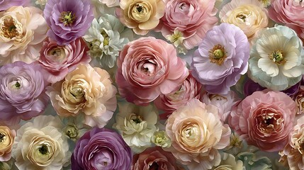 A close up view of a vibrant tapestry of pastel colored ranunculus flowers in full bloom