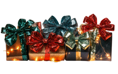 Collection of colorful holiday presents stacked together highlighting sparkling wrapping and decorative ribbons isolated on transparent background PNG