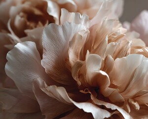 Close up macro photograph of delicate peach colored peony flower petals with intricate textures and soft lighting