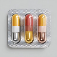 Three colorful pharmaceutical capsules presented in a shiny silver blister pack on a neutral gray background