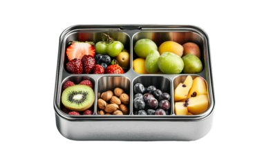 Stainless steel lunchbox with compartments arranged neatly highlighting modern design and organized food storage isolated on transparent background PNG