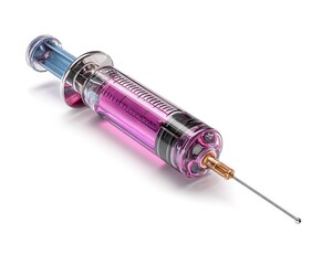Sparkling glitter filled syringe with pink liquid and needle on white background