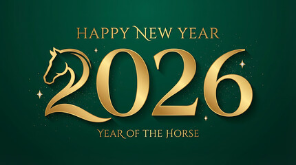 Happy new year 2026 text clipart design. Year of the horse new year greeting in gold text, calligraphy and typography clip art in green background vector illustration.