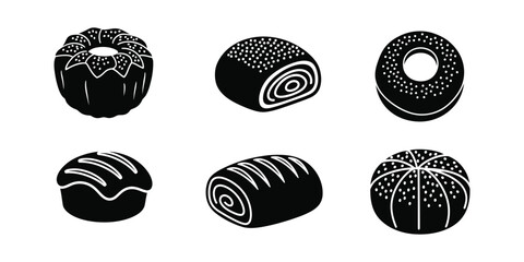 Six vactor black silhouette icons of baked goods including cakes and rolls pastry