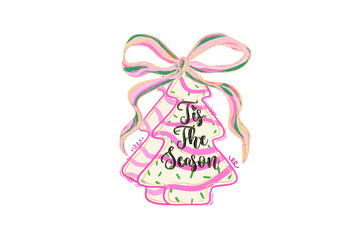 Pink 'Tis The Season' Christmas Tree Cake with Bow illustration Sublimation Design