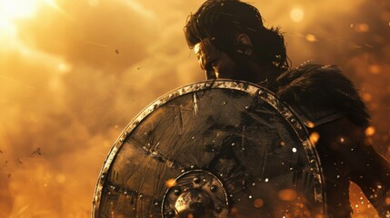 A warrior stands in a dramatic sunset, holding a round shield. The scene is filled with dust and light, evoking a sense of battle and strength.