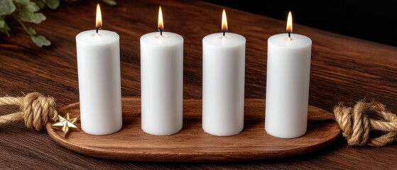 A stylish candle display featuring white candles surrounded by red roses and greenery, perfect for winter holidays and gatherings