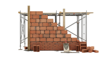 Brick wall construction with scaffolding and bricks isolated on transparent background
