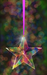 Przezroczysta bombka choinkowa w kształcie gwiazdy pięcioramiennej na tle kolorowych rozmyć świateł bokeh