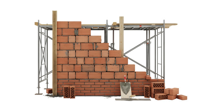 Brick wall construction with scaffolding and bricks isolated on transparent background