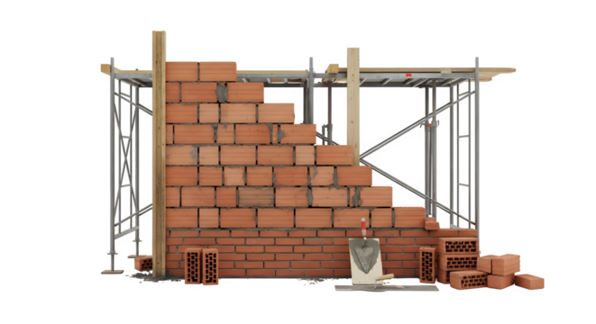 Brick wall construction with scaffolding and bricks isolated on transparent background