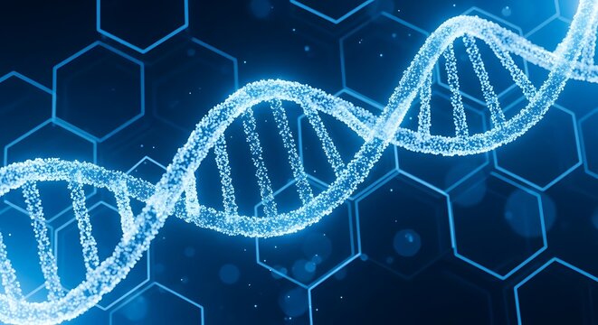 Blue glowing D N A helix with hexagonal pattern background molecule genetic